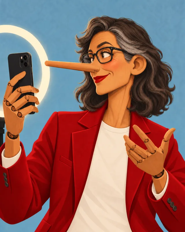 Ilustração de uma Pinóquia influenciadora gravando com o celular