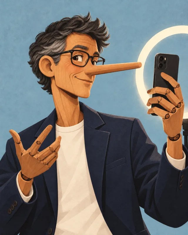Ilustração de um Pinóquio influenciador gravando com o celular